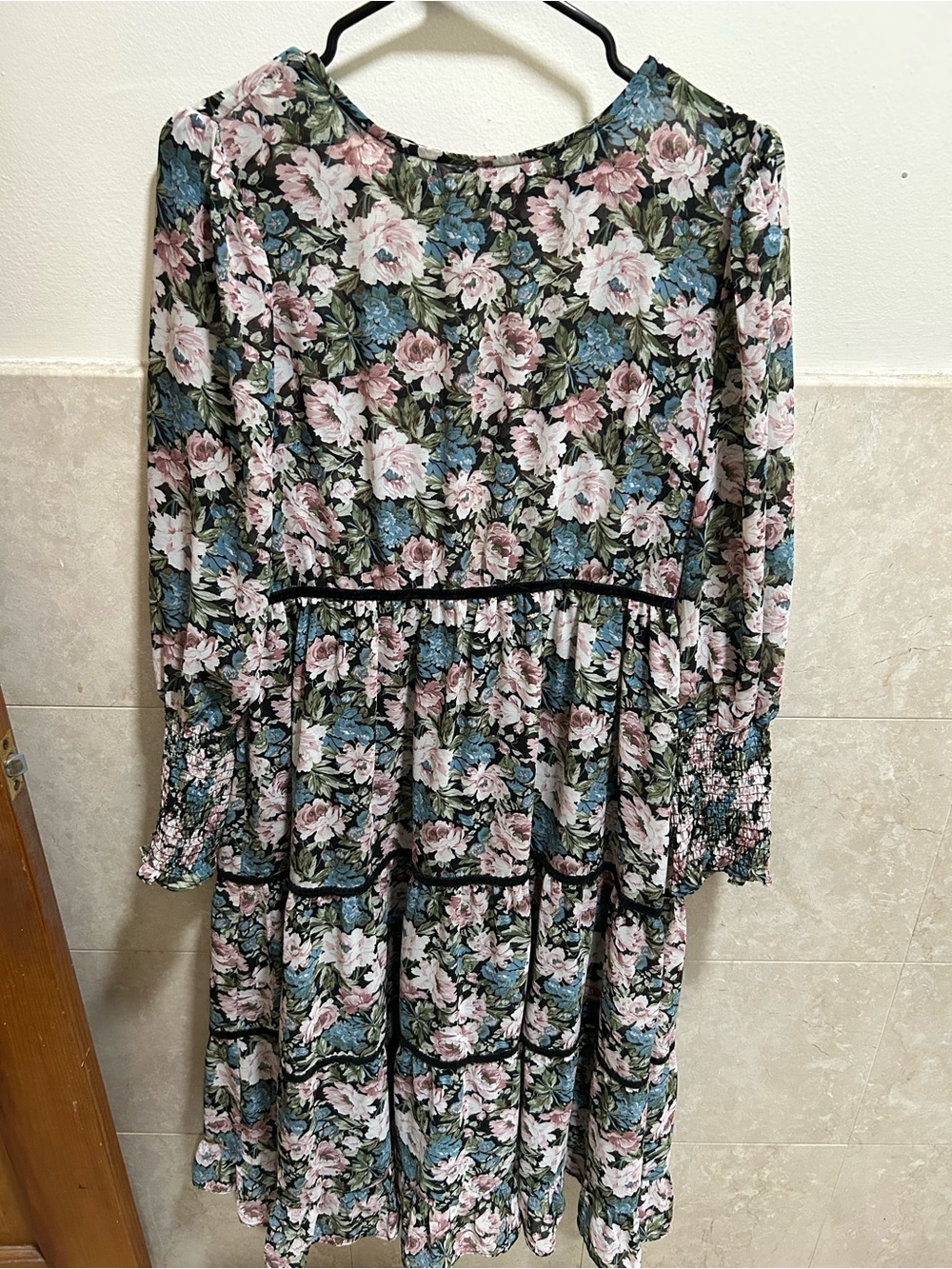 En Saison Floral Tiered Dress in Pink, Green & Blue on Black